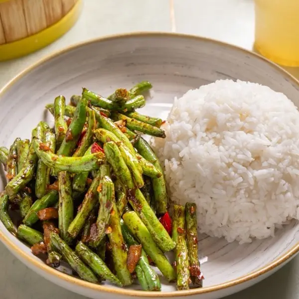 Dry-fried green beans with garlic and chili, served with steamed rice
