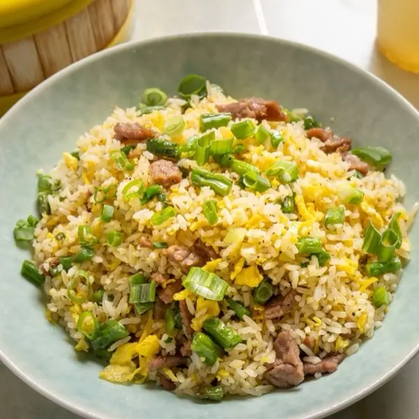 Beef fried rice with egg and fresh spring onion